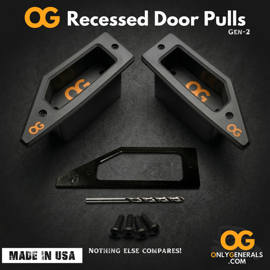 A set of OG Polaris General recessed door pulls with the marking template, drill bit, torx screws a textured backgrouns with OG logo and a Made in USA tag.