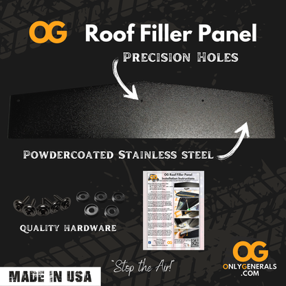Roof filler panel with hardware and installation instructions on a dark background, featuring Only Generals branding.