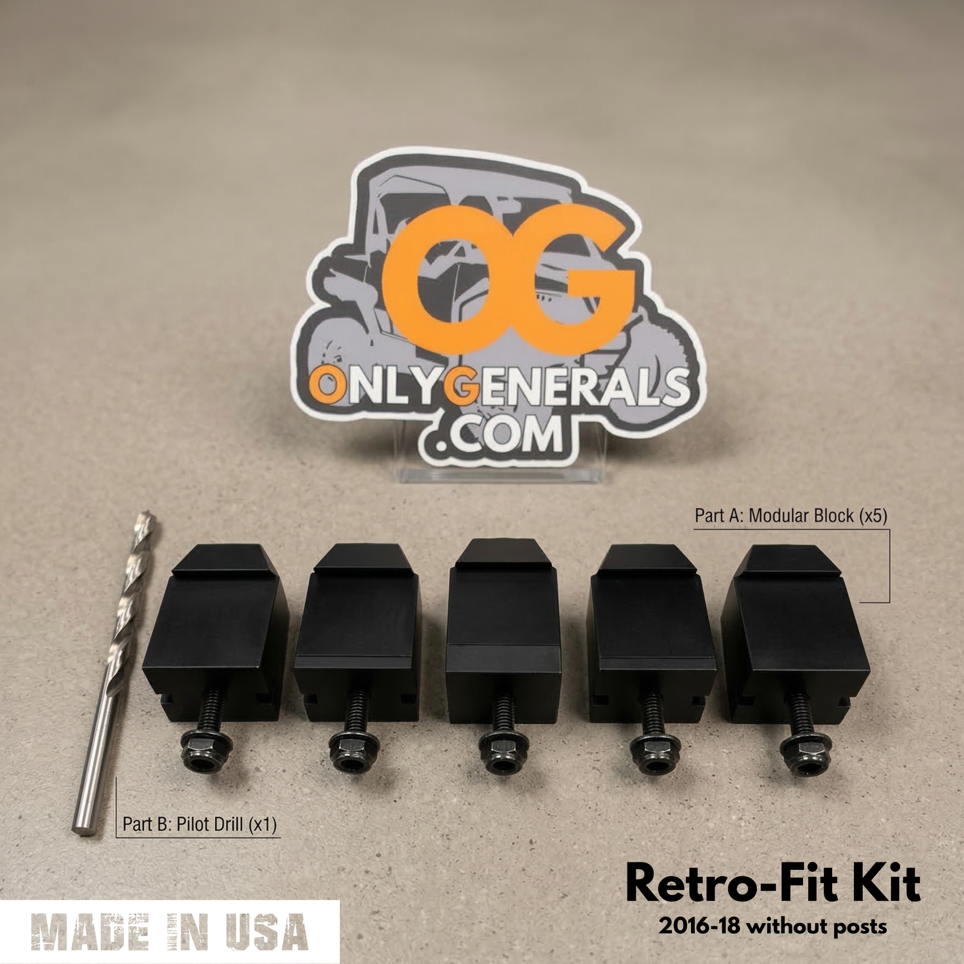 Showcasing the Polaris General OnlyGenerals roof filler retro-fit kit with components on a cream color surface