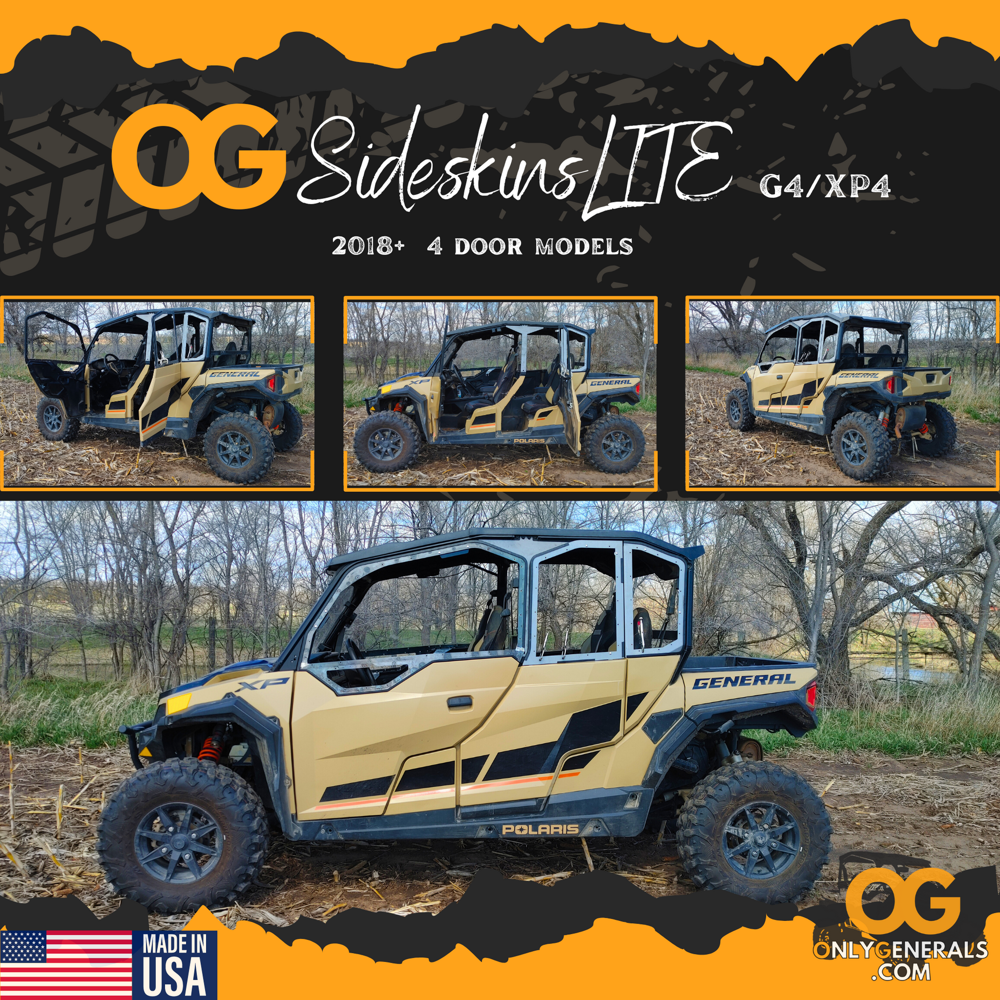 Banner showing four views of our prototype SideskinLITE hard upper doors on the G4/XP4 for the Polaris General 