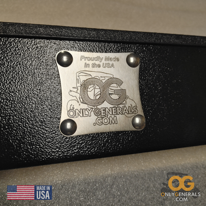 Angled picture showing the laser etched OG logo plate on the full length storage tray for the Polaris General