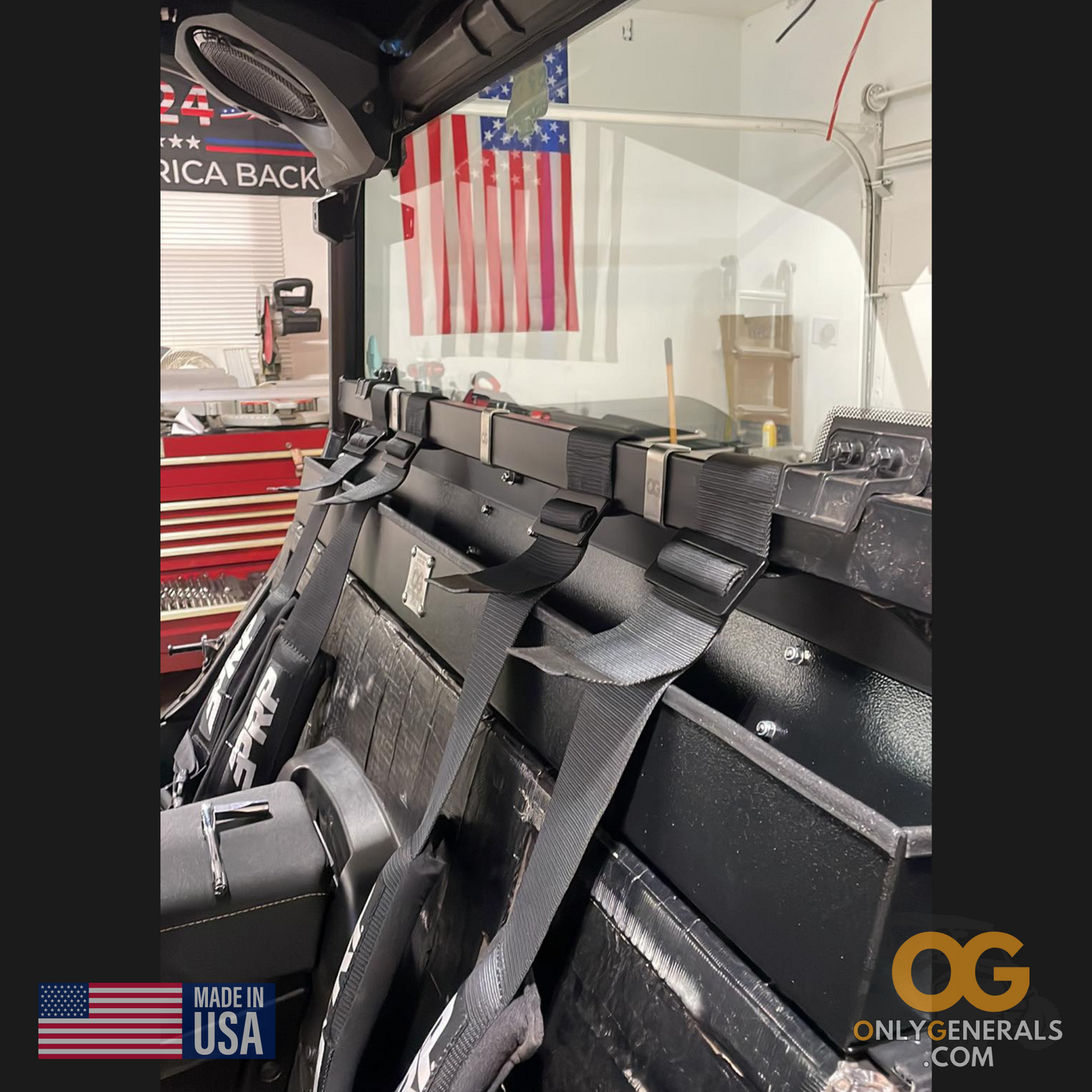 Customer submission of the OnlyGenerals full length storage tray for the polaris general mounted to the OG rear filler panel with harness straps installed