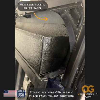 The OnlyGenerals full length storage tray sitting on the Polaris General rear plastic filler panel showing compatibility