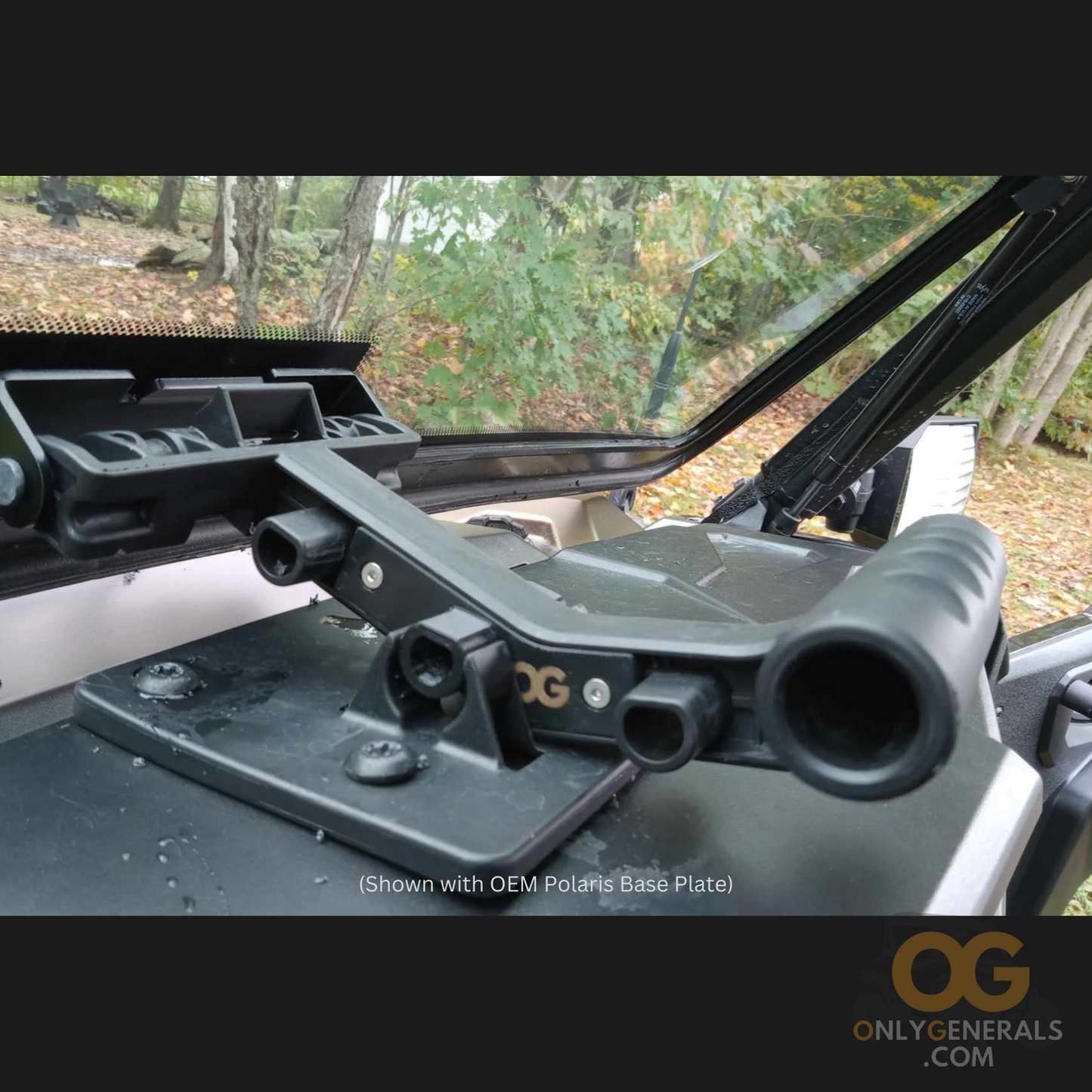 Fully installed OG tip-out insert kit on Polaris General t-handle attached to the windshield snapped into the new middle venting position on the oem dash plate