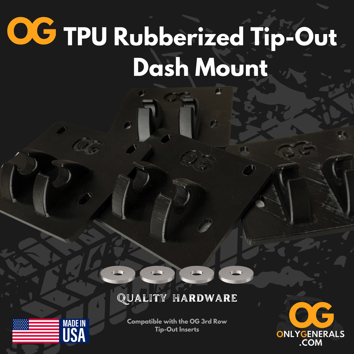 The main banner image showcasing the OnlyGenerals TPU rubberized dash plates for the Polaris General, along with four stainless steel washers and MADE in USA.