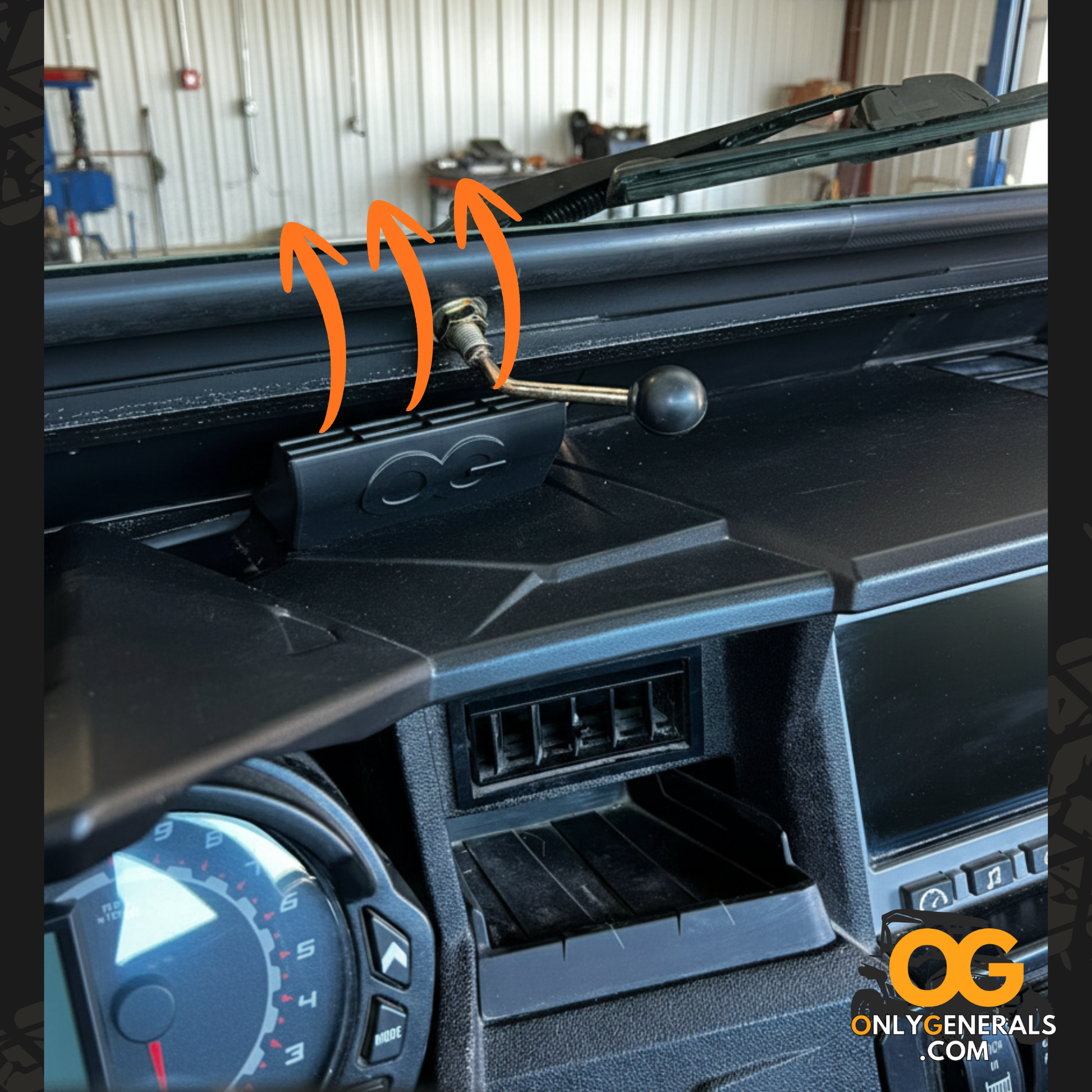 Close-up of a Generals dashboard with a focus on the windshield wiper area, showing the vent-x and wiper arm. The image also includes 'Only Generals' branding.