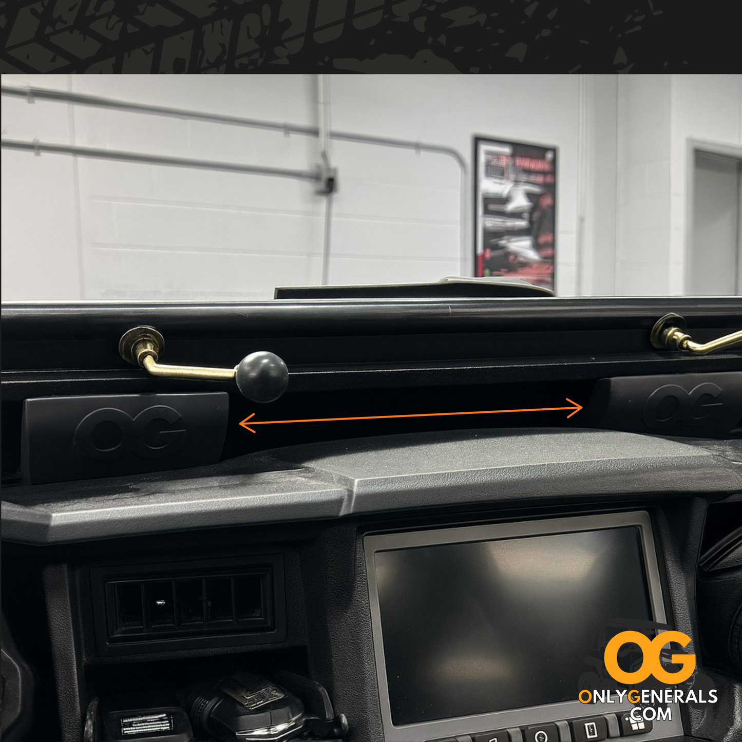 Close-up of a Polaris Generals dashboard with a measurement arrow showing both extenders installed.