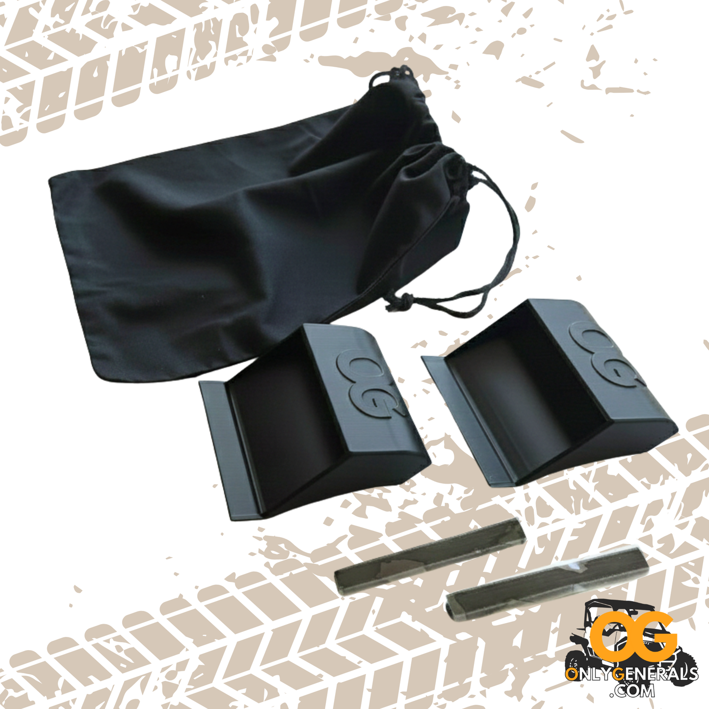 Showcasing two Vent-X units, a storage bag and adhesive strips with tire tread background and OG logo in the bottom left