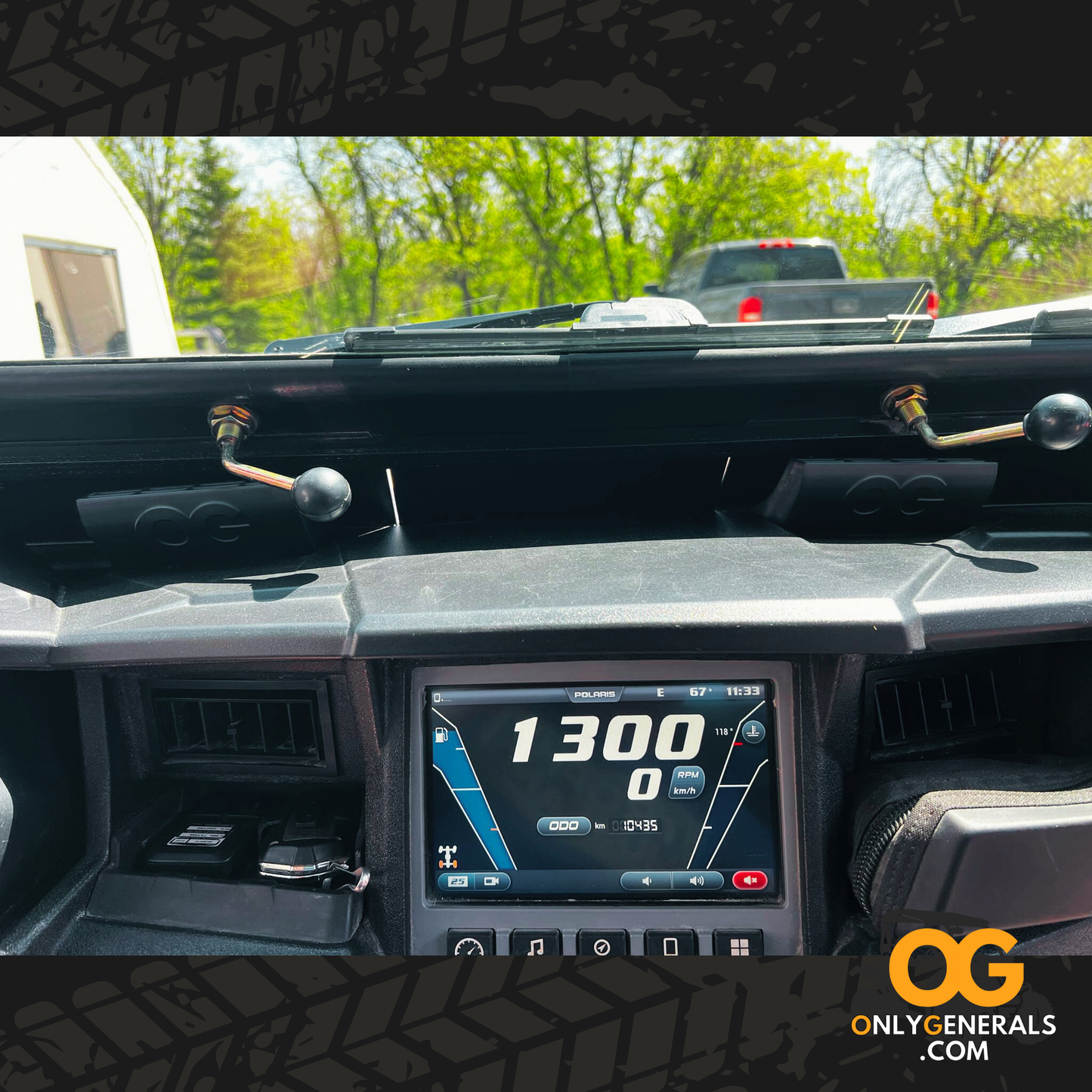 Polaris General dashboard with digital display showing speed and other metrics, with 'Only Generals' branding and two vent extenders.
