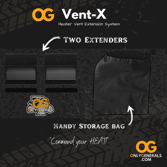 Vent-X heater vent extension system with two extenders and a storage bag on a dark background.