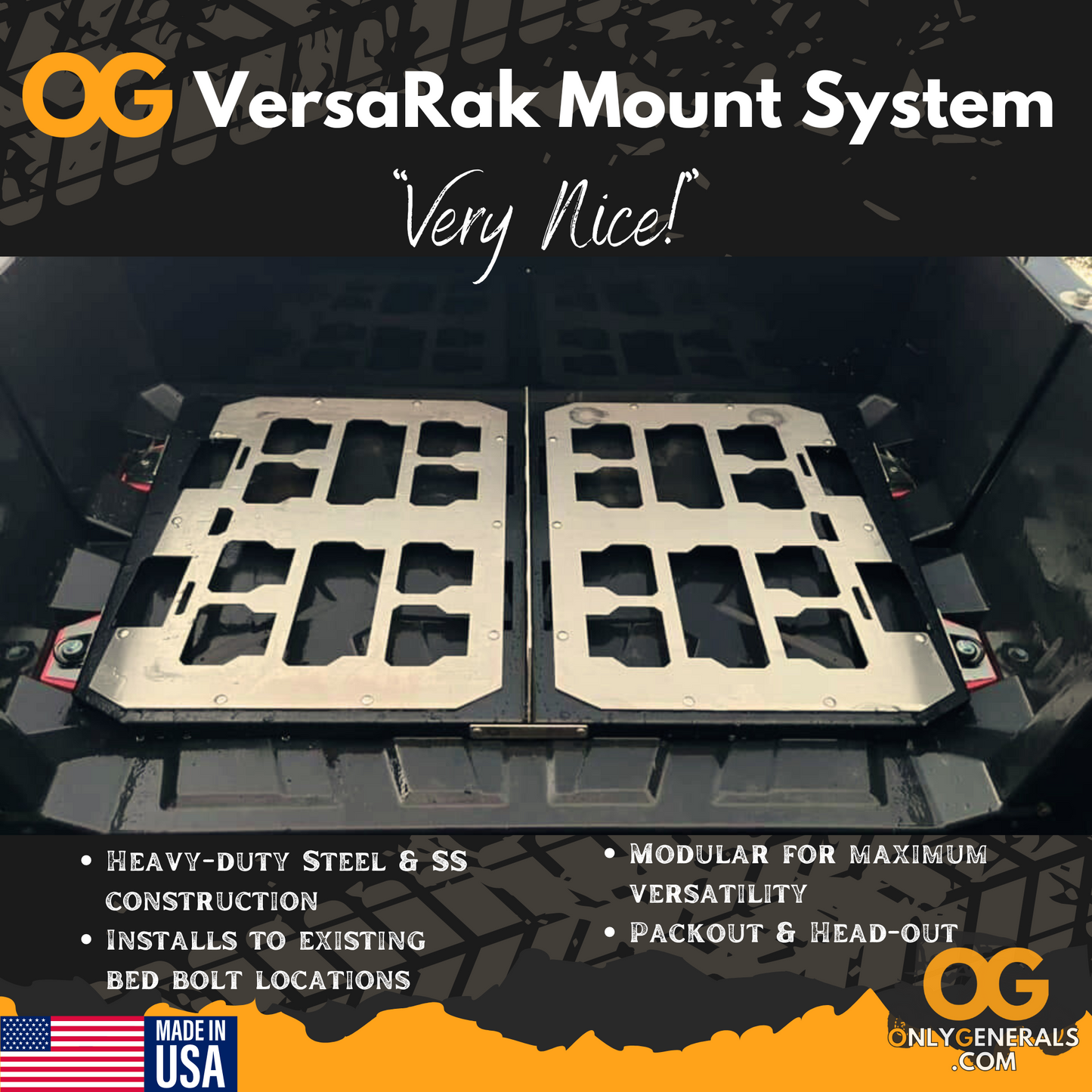 Main picture of the OG Versarak showing the bed mount in the Polaris General