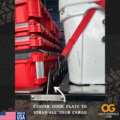 Showcasing the new unique removable center hook plate for strapping cargo to the versarak in the polaris general