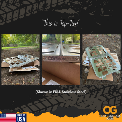 Metal product with 'OG VersaRak' branding shown in various settings with text 'This is Top Tier!' and 'Made in USA'.