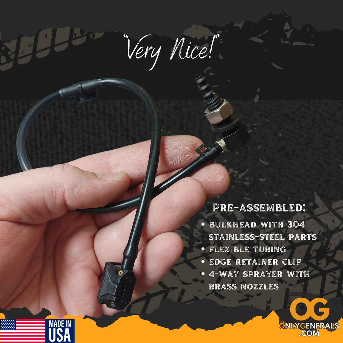 A closeup of the onlygenerals wet-wiper sprayer nozzle, line, and bulkhead for the polaris general