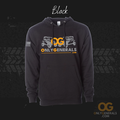 OnlyGenerals wearables showing the black hoodie with the OG logo across the front and flag on sleeve