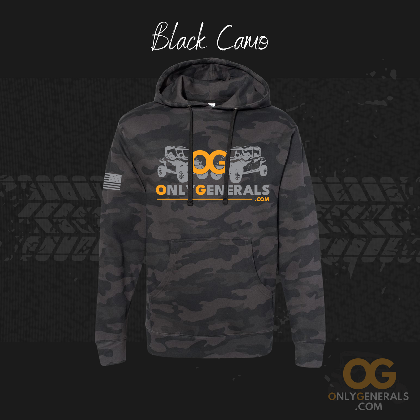OnlyGenerals wearables showing the black camo hoodie with the OG logo across the front and flag on sleeve