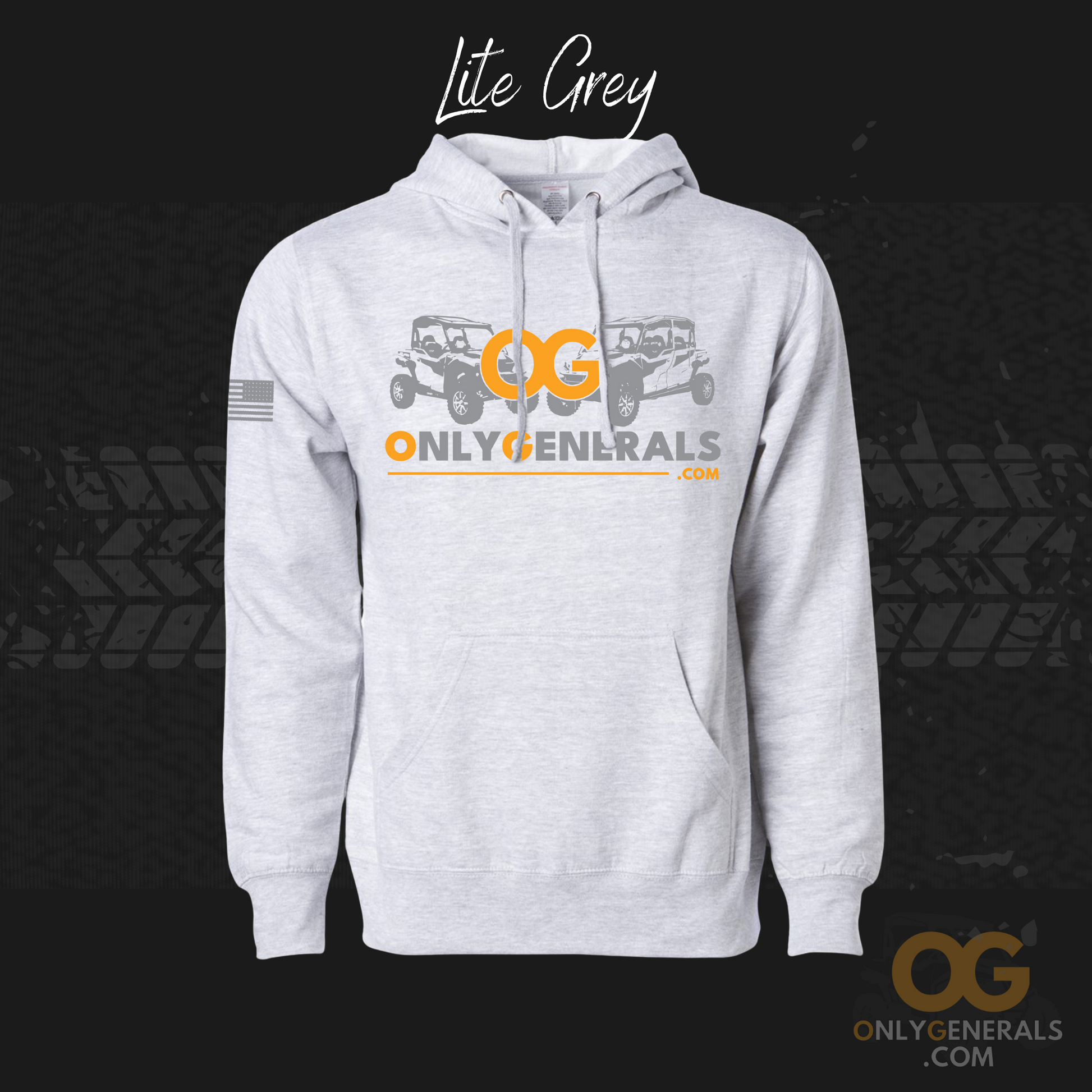 OnlyGenerals wearables showing the lite grey hoodie with the OG logo across the front and flag on sleeve