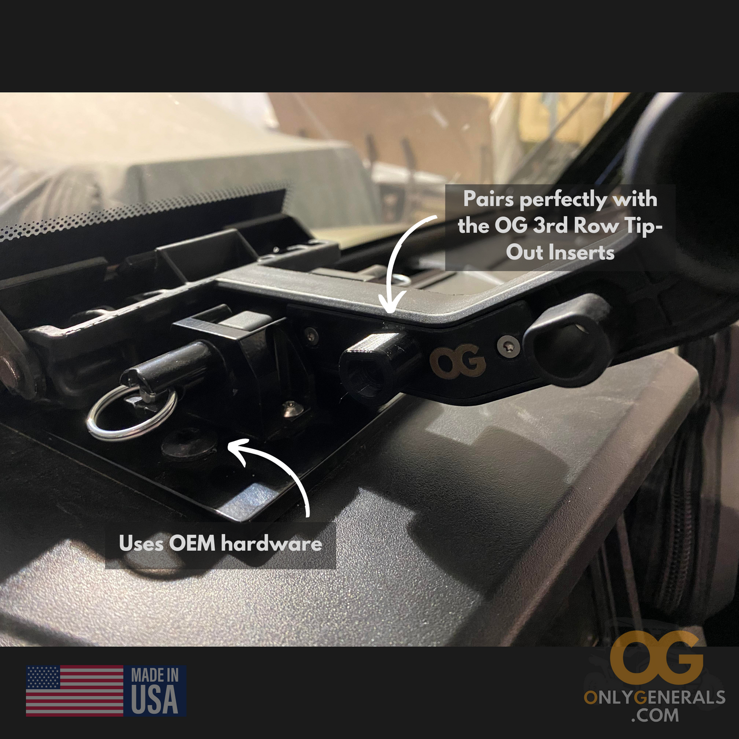Showing an installed OnlyGenerals locking dash plate with the OG 3rd row tip-out inserts & oem handle.