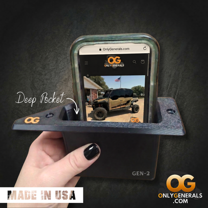 A hand is holding the OnlyGenerals recessed door handle for the Polaris General with a cell phone tucked into the pocket.  A made in USA stamp and OG logo is along the bottom.