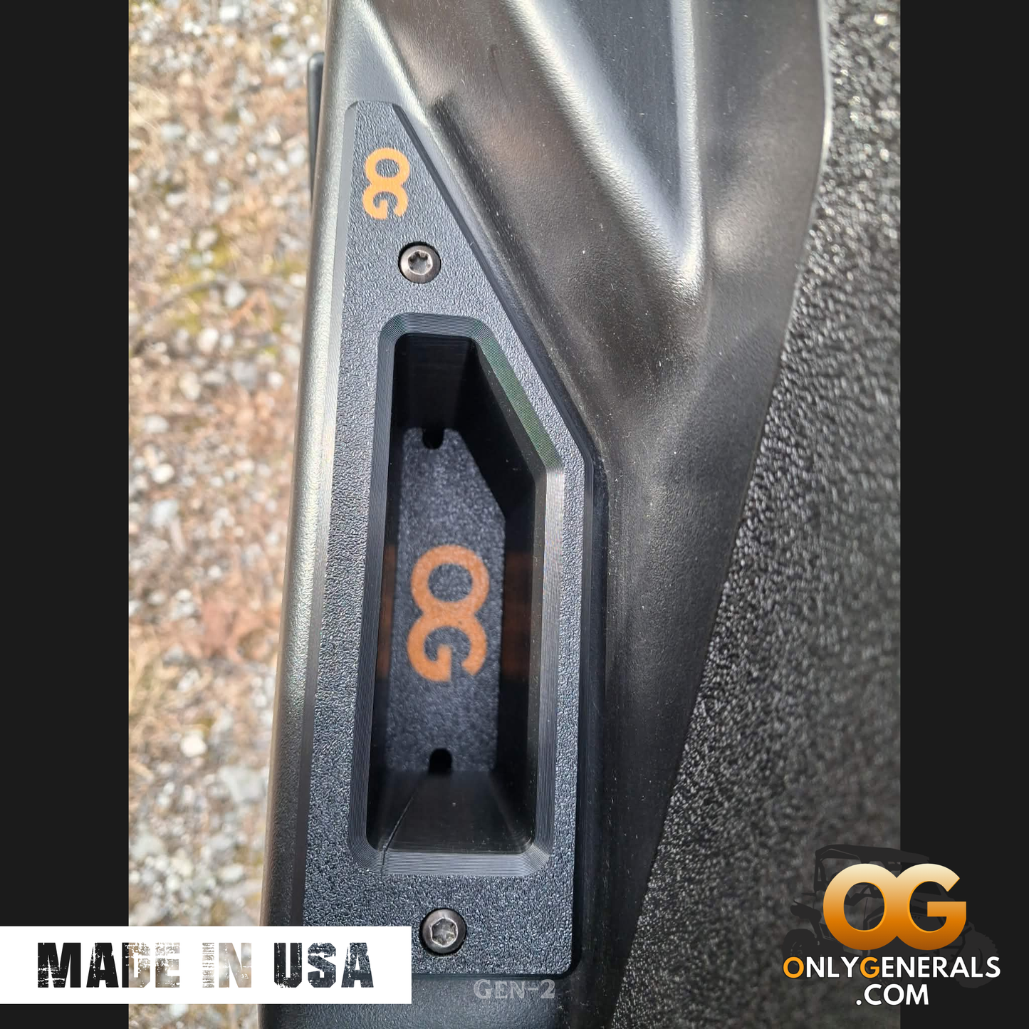 Showing a driver door with the OnlyGenerals recessed door handle for the Polaris General installed.  A made in USA stamp and OG logo is along the bottom.
