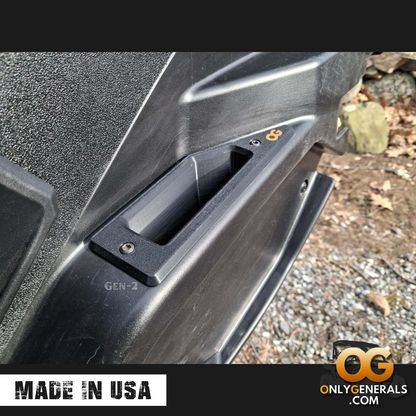 Showing a passenger door with the OnlyGenerals recessed door handle for the Polaris General installed.  A made in USA stamp and OG logo is along the bottom.