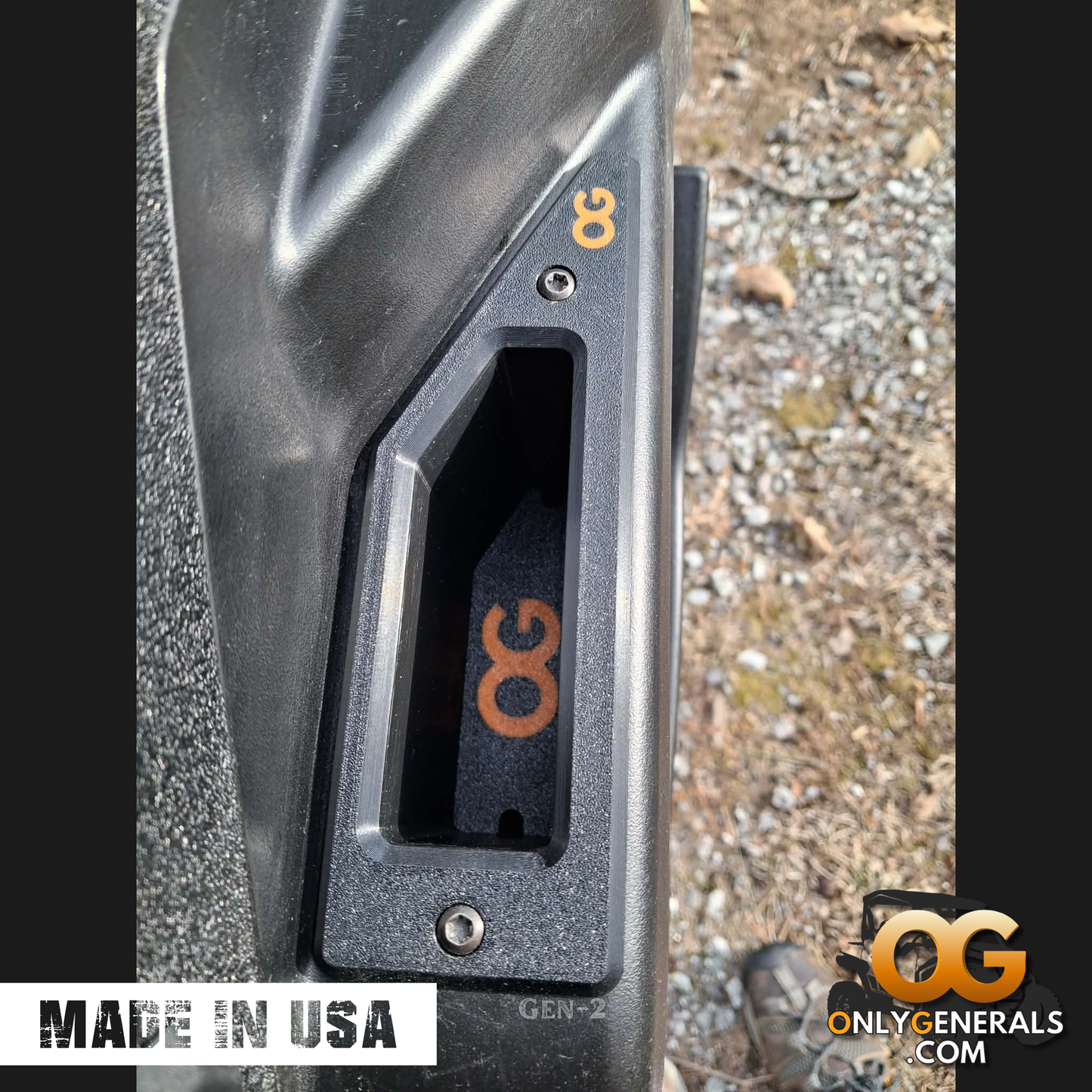 Showing a passenger door with the OnlyGenerals recessed door handle for the Polaris General installed.  A made in USA stamp and OG logo is along the bottom.