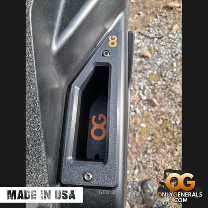 Showing a passenger door with the OnlyGenerals recessed door handle for the Polaris General installed.  A made in USA stamp and OG logo is along the bottom.