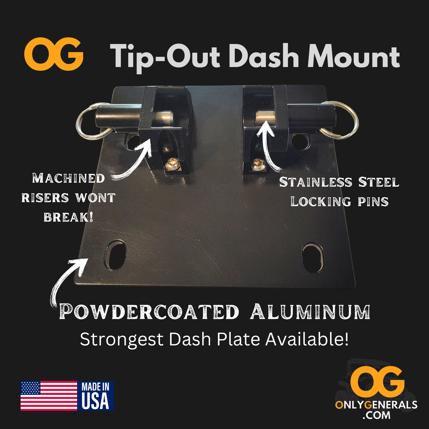 The OnlyGenerals dash mount main product image with text overlay showing the features & design of the base