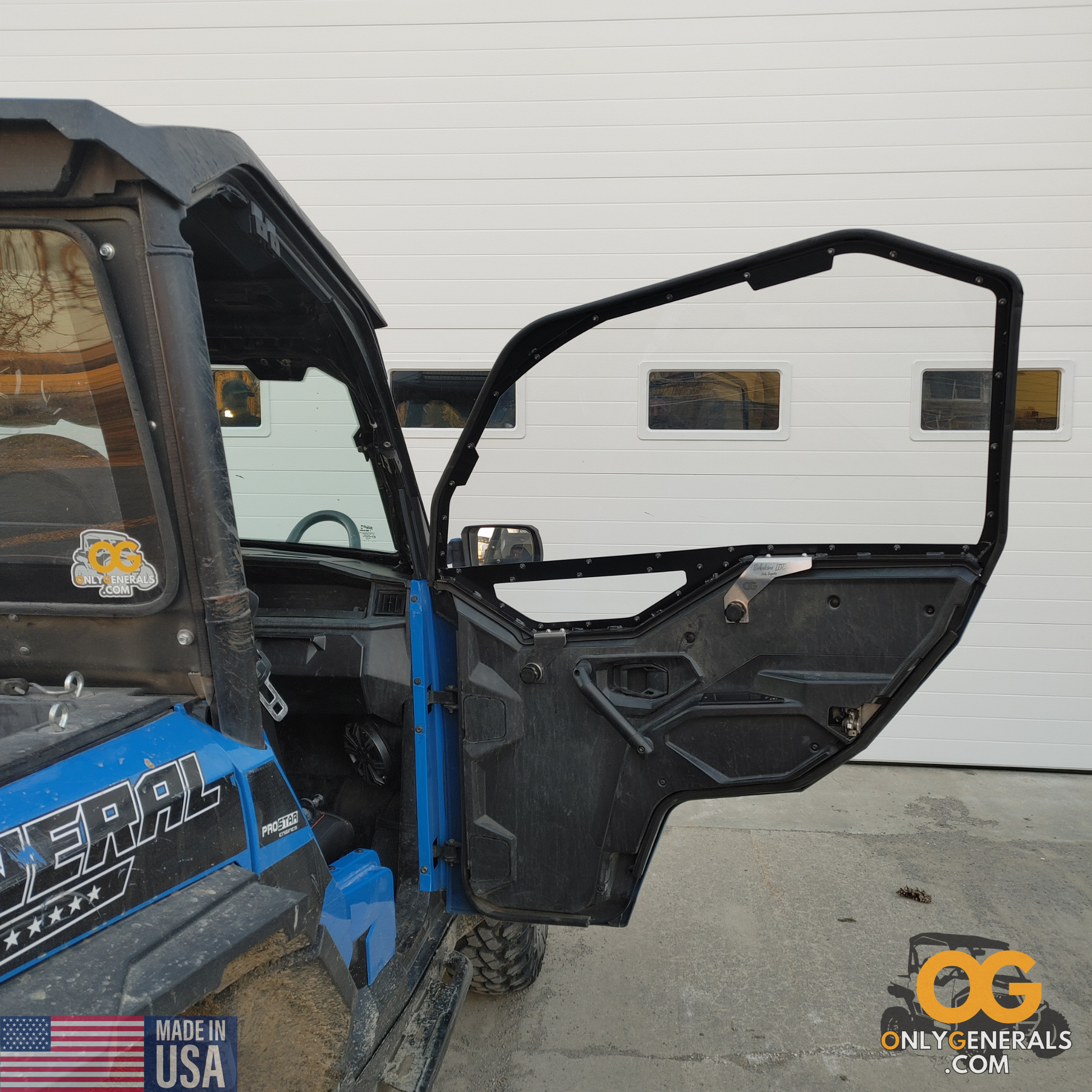 Customer submitted photo with a Polaris General door open showing off their SideskinsLITE hard upper doors from OnlyGenerals