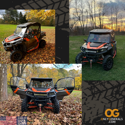Customer submitted photo with a Polaris General collage showing off their SideskinsLITE hard upper doors from OnlyGenerals