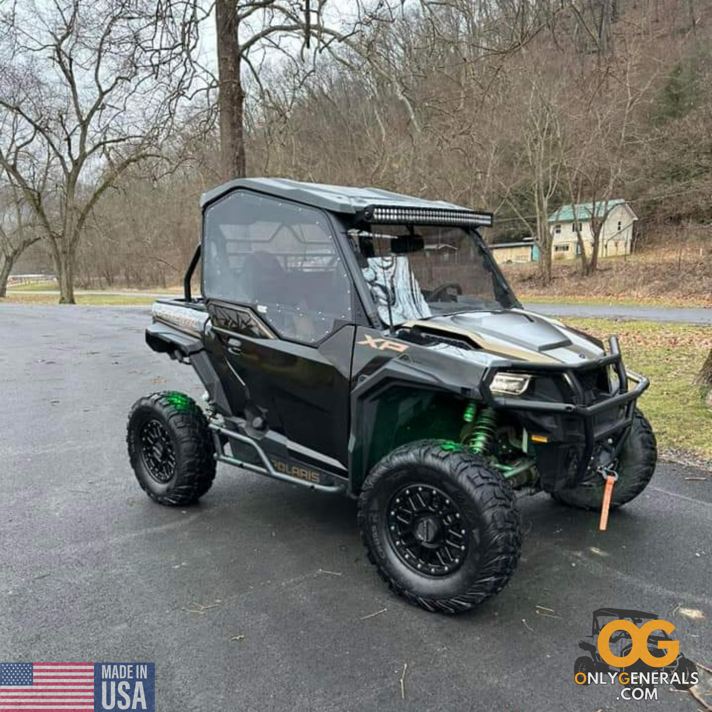 Customer submitted photo with a Polaris General with green rock lights showing off their SideskinsLITE hard upper doors from OnlyGenerals