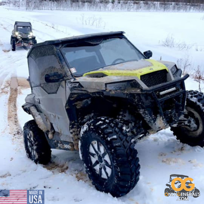 Customer submitted photo with a Polaris General in the snow showing off their SideskinsLITE hard upper doors from OnlyGenerals
