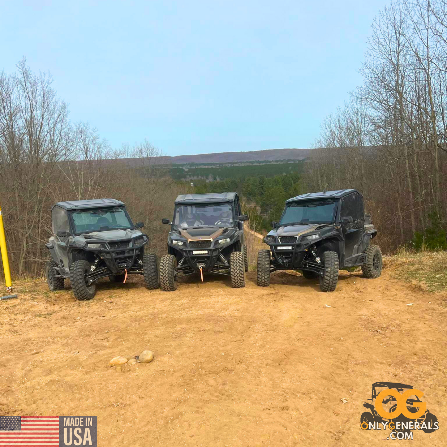 Customer submitted photo with several Polaris Generals showing off their SideskinsLITE hard upper doors from OnlyGenerals