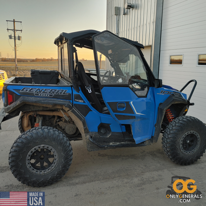 Customer submitted photo with a Polaris General showing off their SideskinsLITE hard upper doors from OnlyGenerals