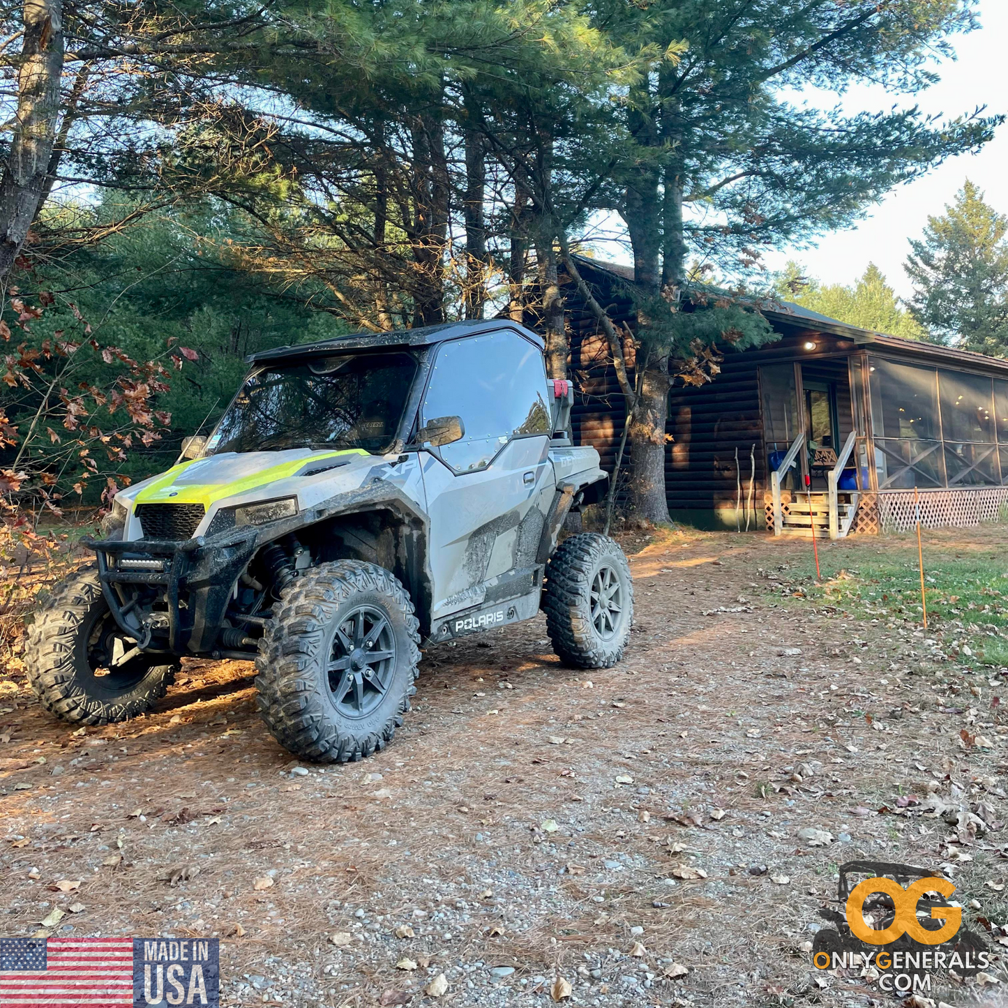 Customer submitted photo with a Polaris General & cabin showing off their SideskinsLITE hard upper doors from OnlyGenerals