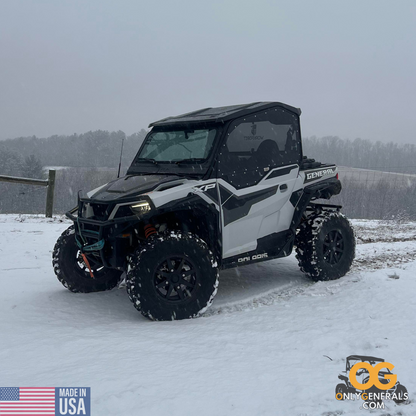 Braving the snow, a customer submitted photo with a Polaris General showing off their SideskinsLITE hard upper doors from OnlyGenerals