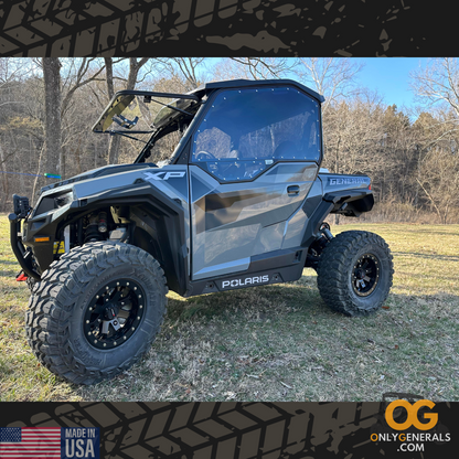 Customer submitted photo with a Polaris General with tip-out windshield showing off their SideskinsLITE hard upper doors from OnlyGenerals
