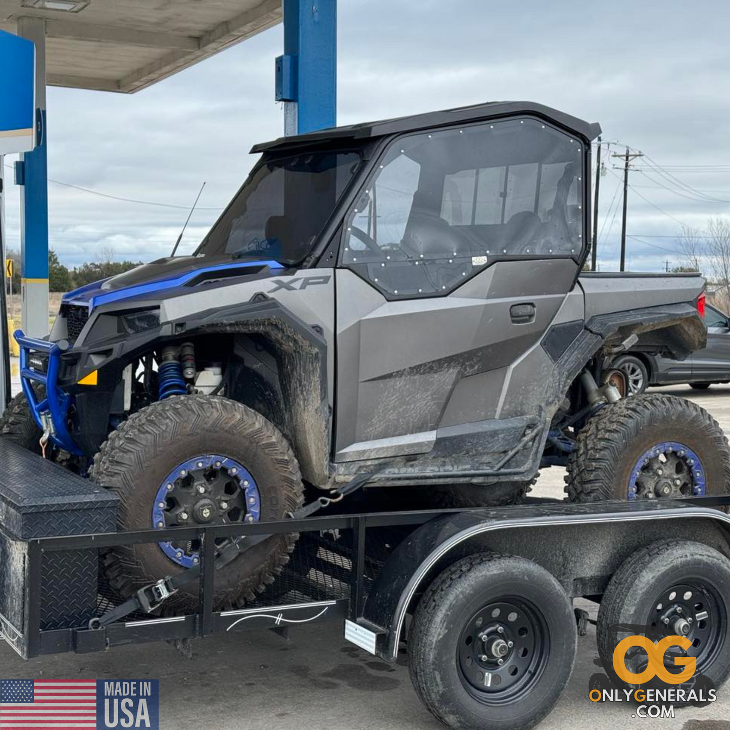 Customer submitted photo open towing a Polaris General showing off their SideskinsLITE hard upper doors from OnlyGenerals