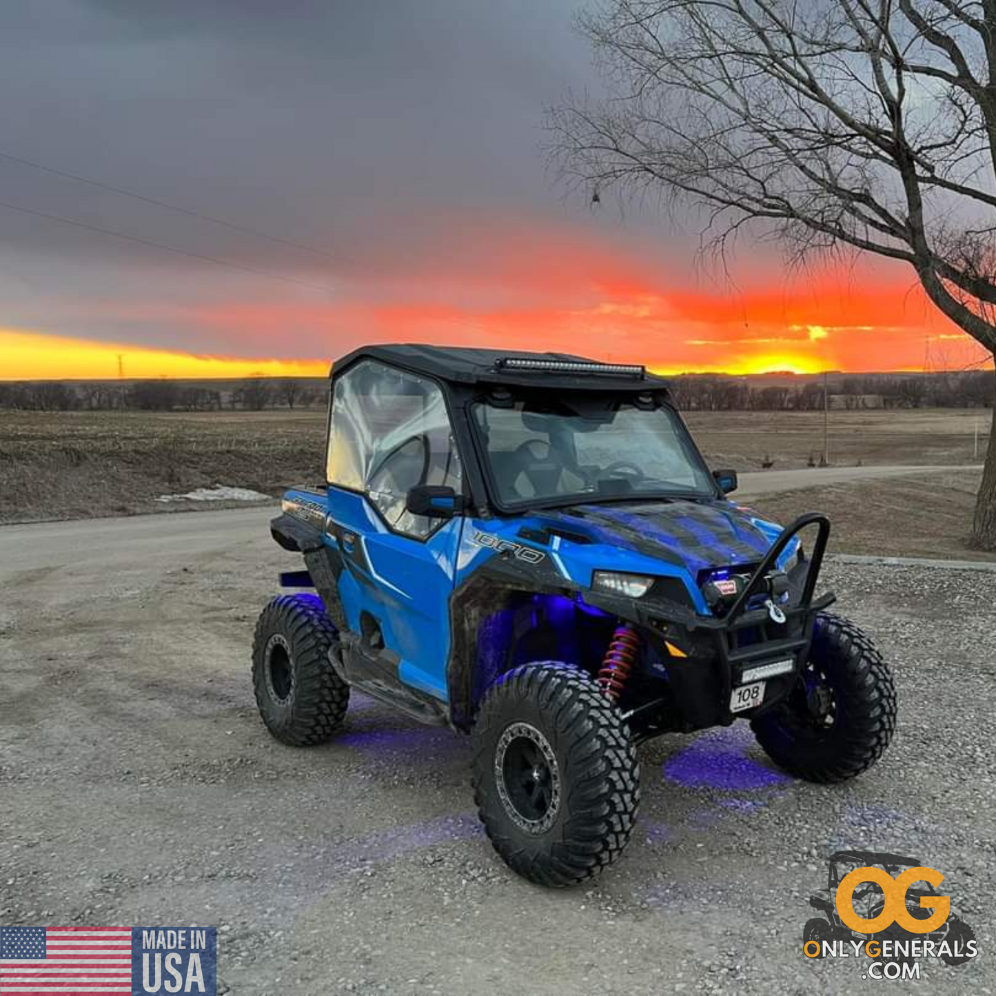 Customer submitted photo with a Polaris General at sunset showing off their SideskinsLITE hard upper doors from OnlyGenerals