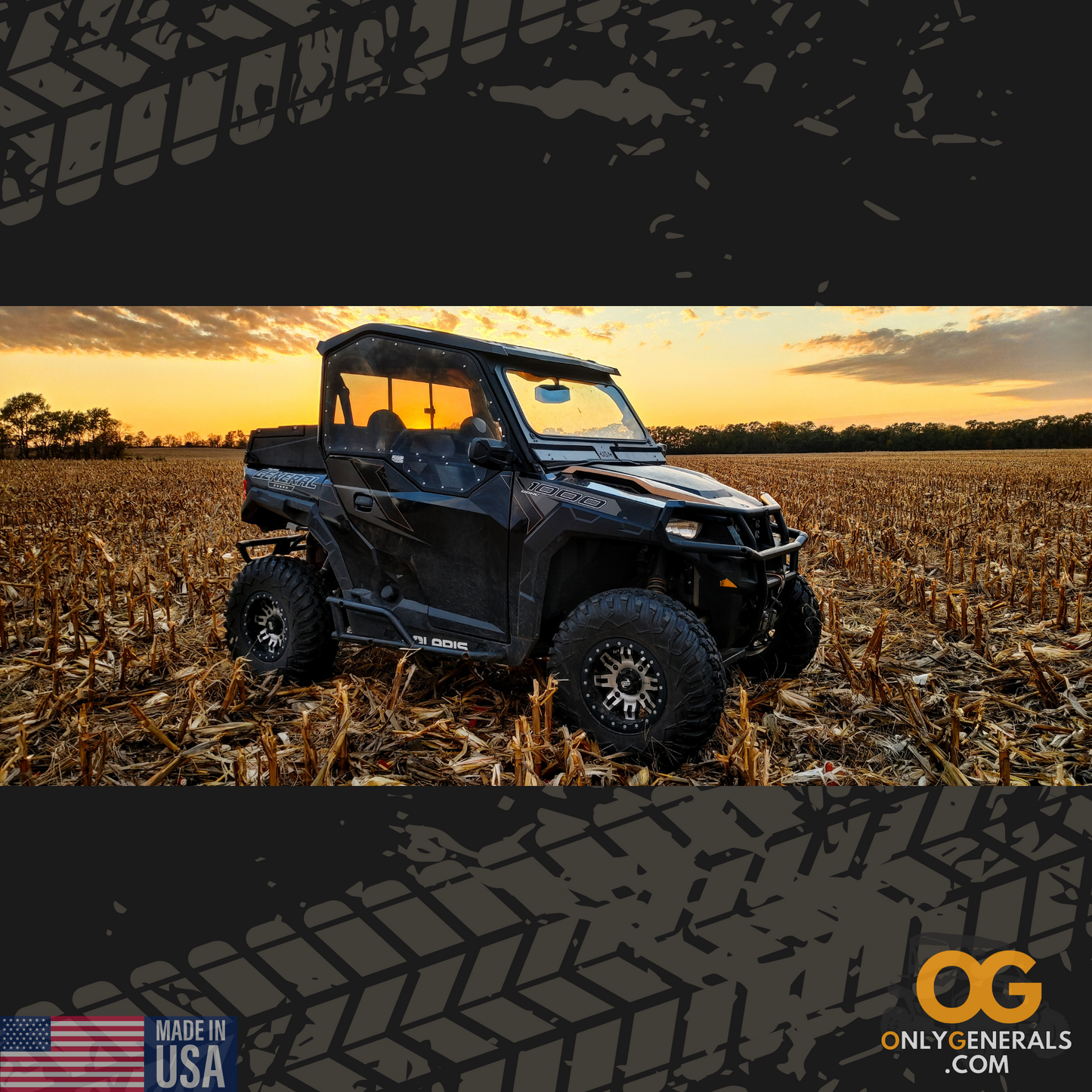 After the harvest, showing a Polaris General with OnlyGenerals SideskinsLITE hard upper doors installed sitting in a corn field