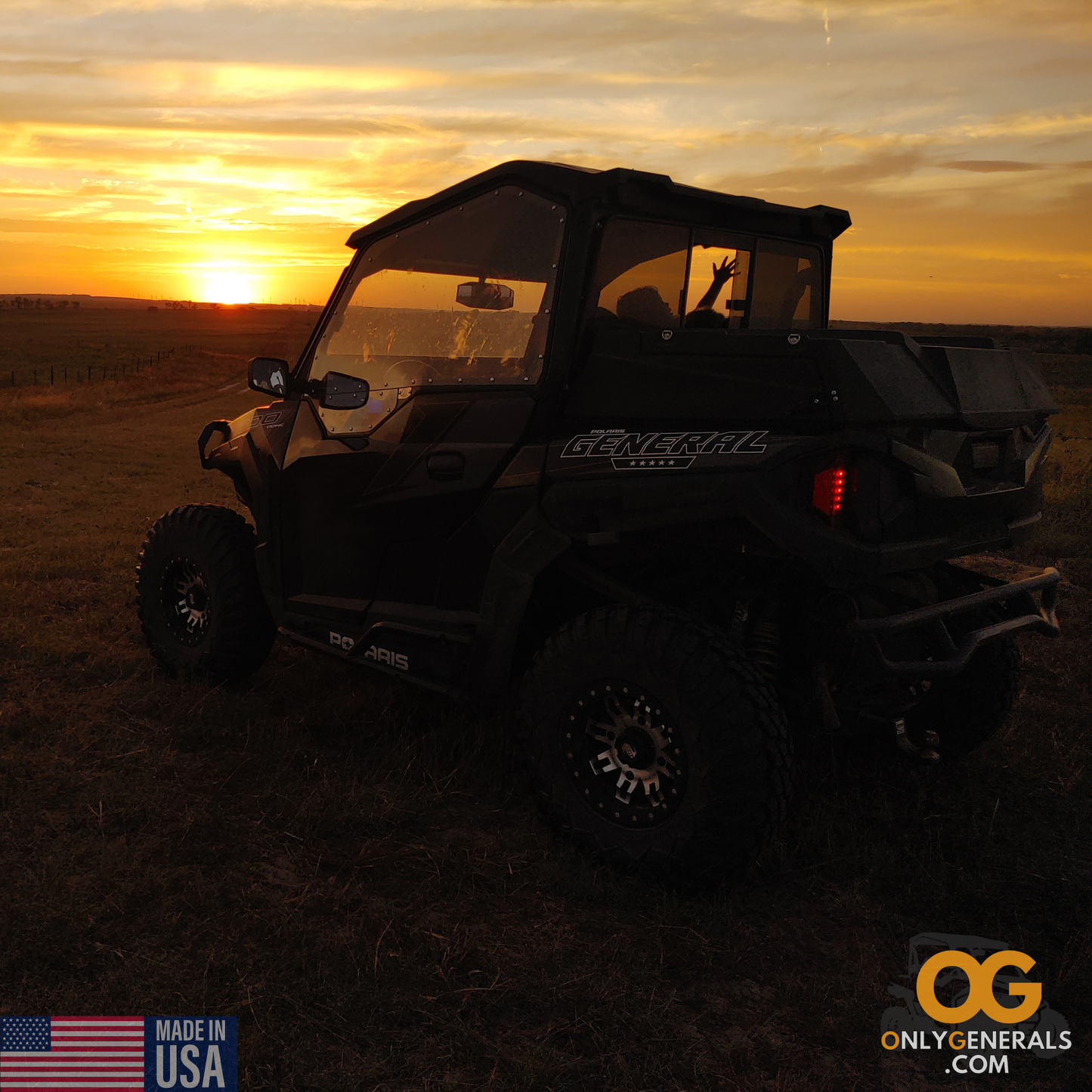 No place we'd rather be than with our Polaris General and OnlyGenerals SideskinsLITE hard upper doors on an expansive sunset lit trail