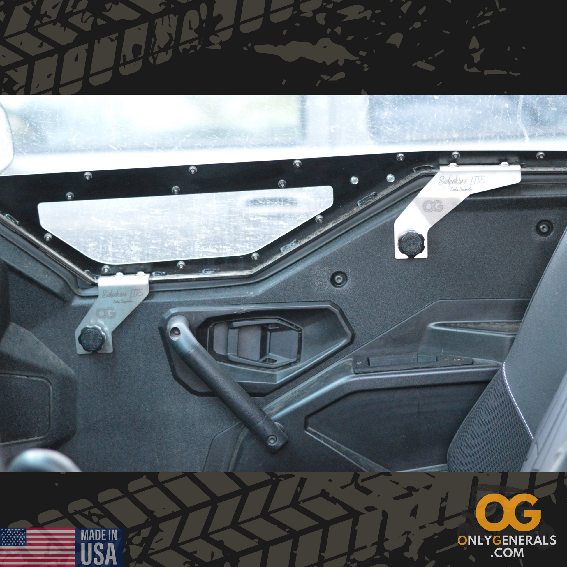 A stunning interior shot of the mounting system for the Polaris General SideskinsLITE hard upper doors by OnlyGenerals