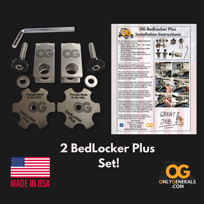 Main picture of the bedlocker plus, instructions, and made in USA logo.  This fits the Polaris General dump bed.