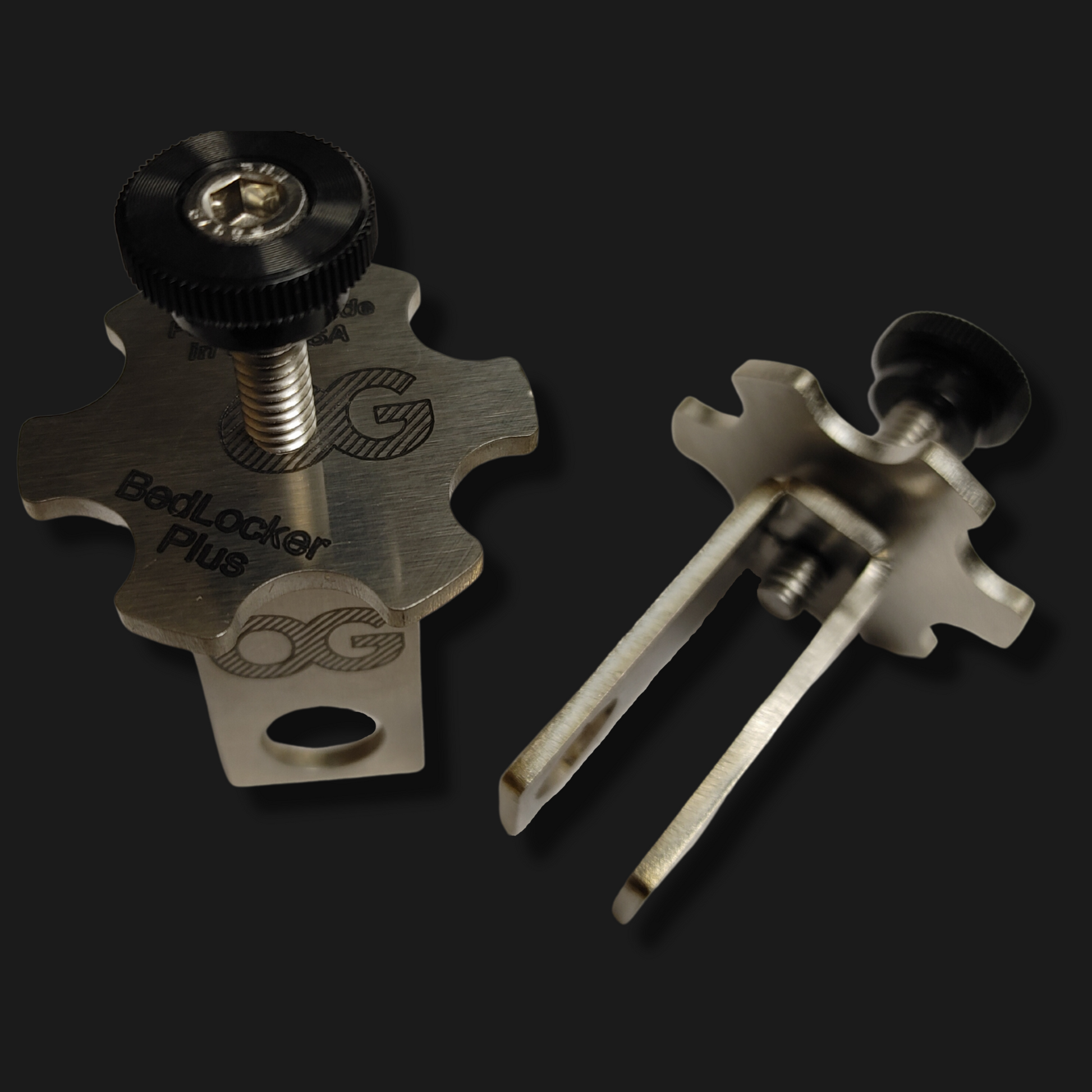 A secondary angle of the assembled 2 unit set of bedlock plus products, showcasing the laser etching on the lock wheel.