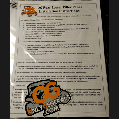 Front page of the OnlyGenerals lower filler panel installation instructions pack with vinyl OG decal